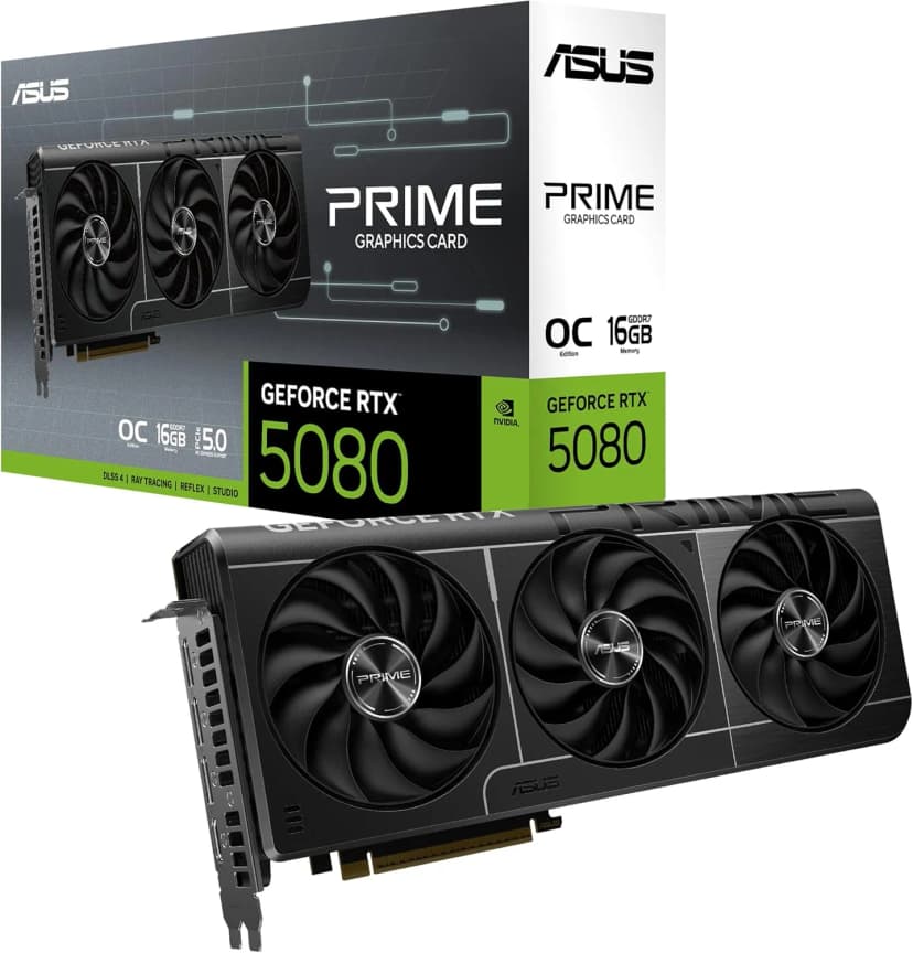 ASUS Prime GeForce RTX 5080 OC 16G GDDR7 Graphics Card - PCIe 5.0, 2685MHz Boost Clock, 1 x HDMI 2.1b, 3 x DP 2.1b, 2.5-slot, Axial-tech fans, Vapor chamber, Dual BIOS, SFF-Ready